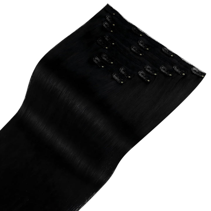 Clip in Extensions Echthaar Schwarz, 7 Stücke 120 g, 40 cm, seidig, Echthaar Haarverlängerung Clip i