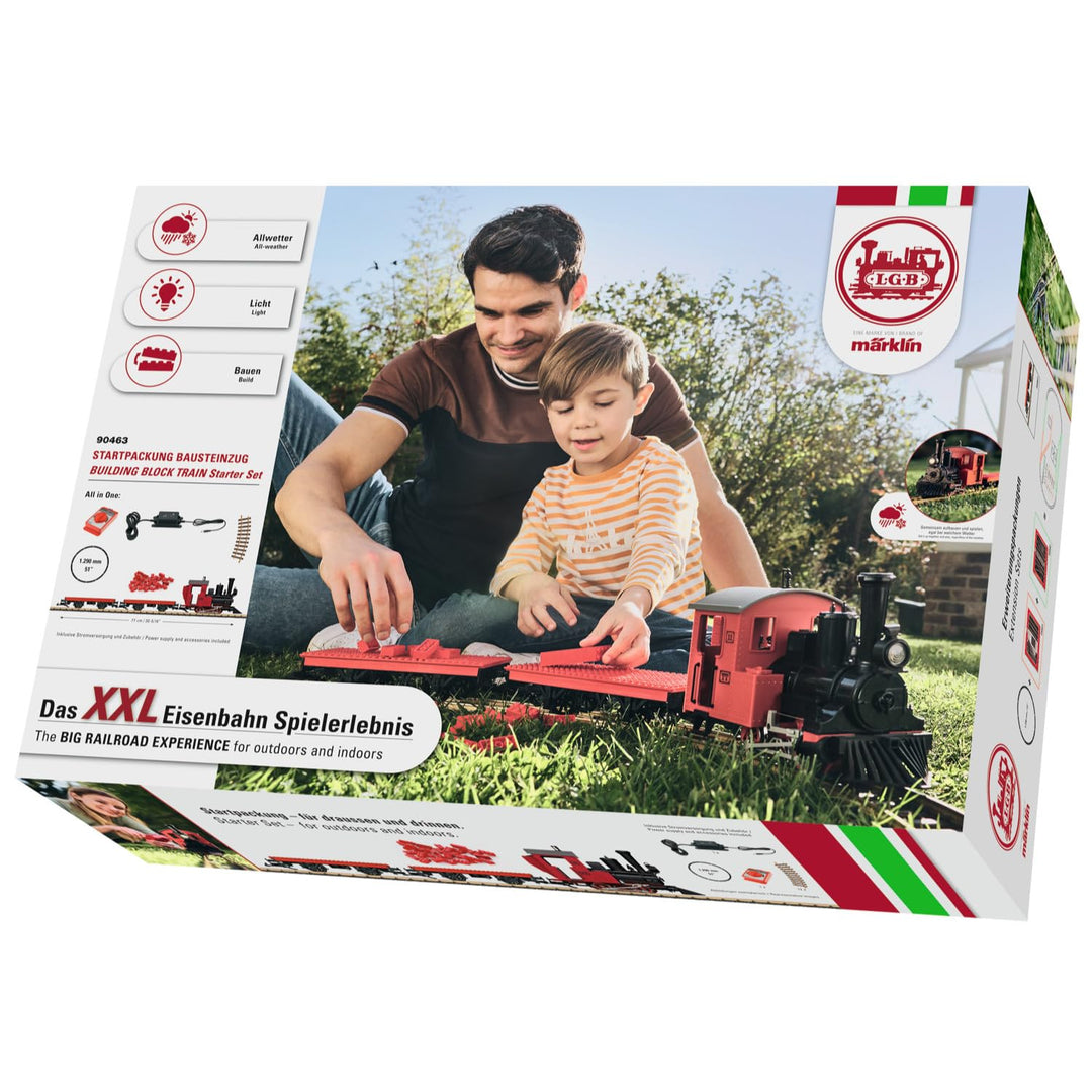 LGB – 90463 Gartenbahn Starterset Klemmbausteinzug mit Lokomotive und zwei Waggons, Outdoor-Eisenbah