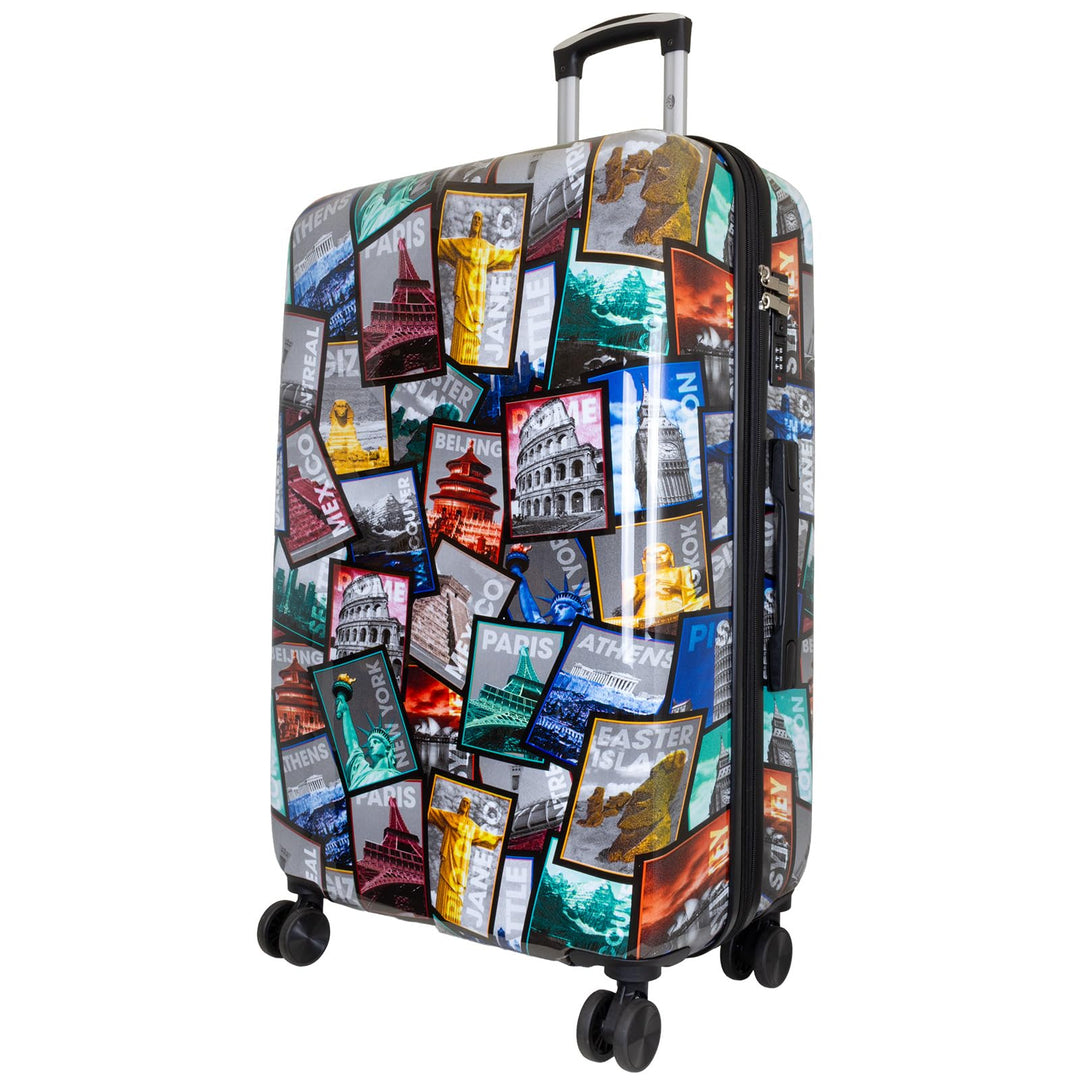 Trendyshop365 grosser Reisekoffer Hartschale 77 cm - bunt Motiv Weltreise Rio Athen Paris Reisekoffe