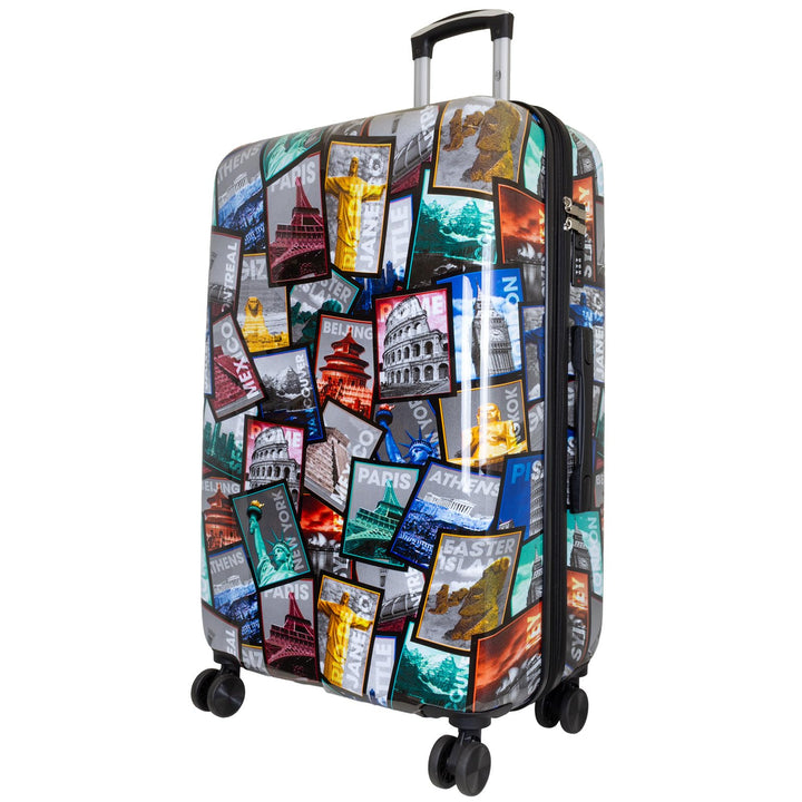 Trendyshop365 grosser Reisekoffer Hartschale 77 cm - bunt Motiv Weltreise Rio Athen Paris Reisekoffe
