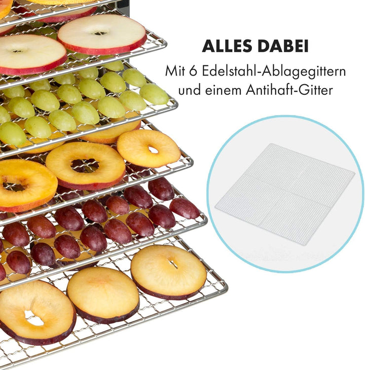 Klarstein Flavour Dry Dörrautomat, Edelstahl-Gehäuse, 6 Edelstahl-Ablagegitter, Temperatur: 35-75 C°