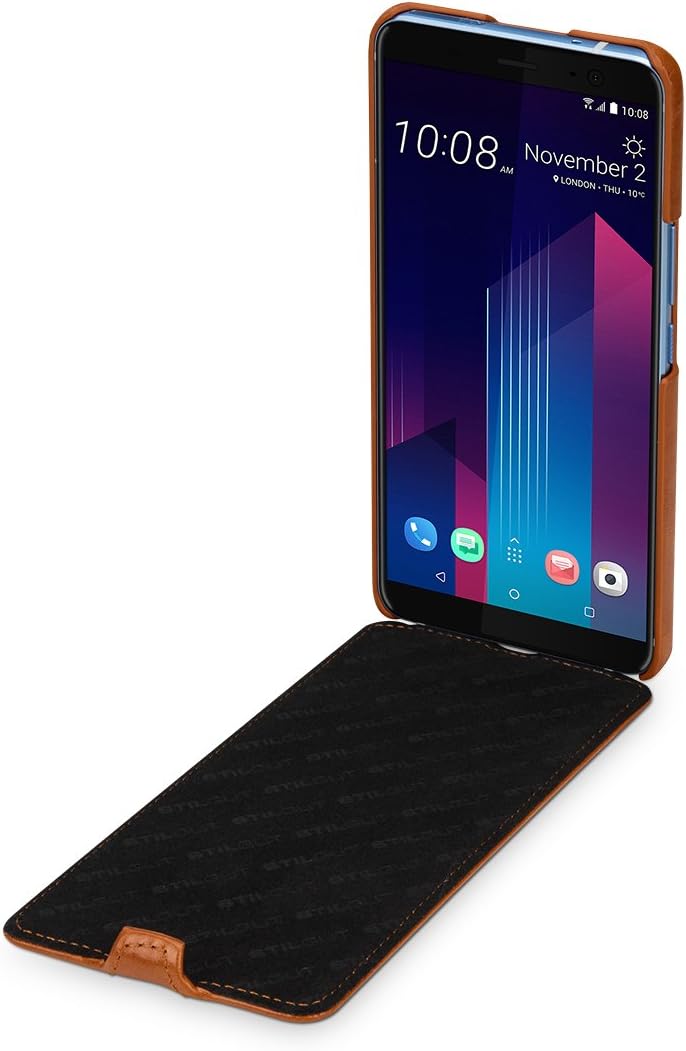 STILGUT UltraSlim Case Hülle Leder-Tasche für HTC U11+ (U11 Plus). Dünnes Flip-Case vertikal klappba