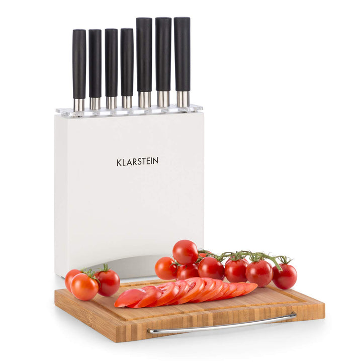 Klarstein Kitano Plus Messer-Set - 9 tlg. Set mit Holzblock und Bambus-Schneidebrett, 7 Präzisionskl
