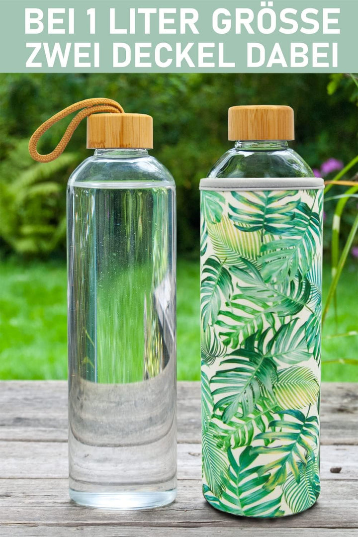 T&amp;N Glasflasche 1 Liter / 750ml / 500ml – Trinkflasche Glas 1l mit Neoprenhülle – Wasserflasche Ausl