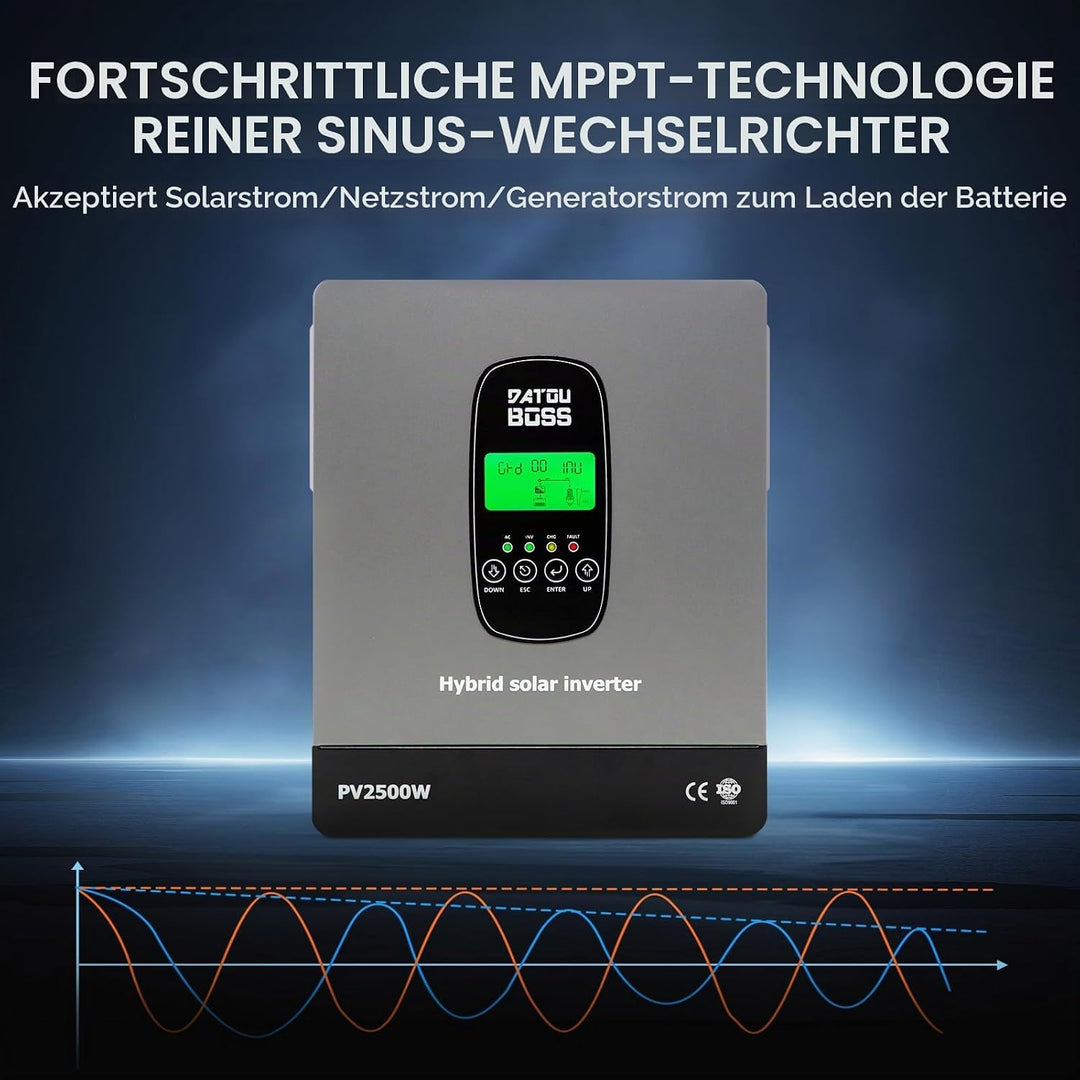 DATOUBOSS 1800W Hybrid Solar Wechselrichter 12V Reiner Sinus, 12V DC auf 230V AC Inverter mit MPPT L