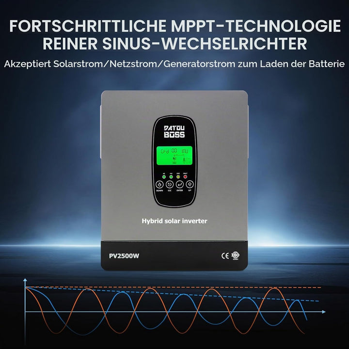 DATOUBOSS 1800W Hybrid Solar Wechselrichter 12V Reiner Sinus, 12V DC auf 230V AC Inverter mit MPPT L
