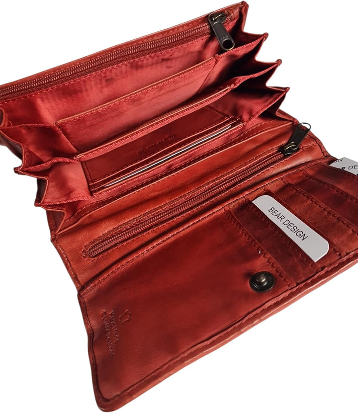 Bear Design Damen Leder Geldbörse, Leder Portemonnaie mittelgross, Wallet Lederbörse Damen mit Karte