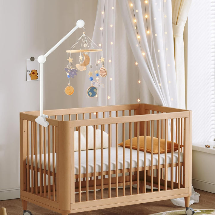 Mobile Halterung Holz für Babybett, Mobile Ständer Weiss Wolken Design, 360°Drehbar Baby Mobile Aufh