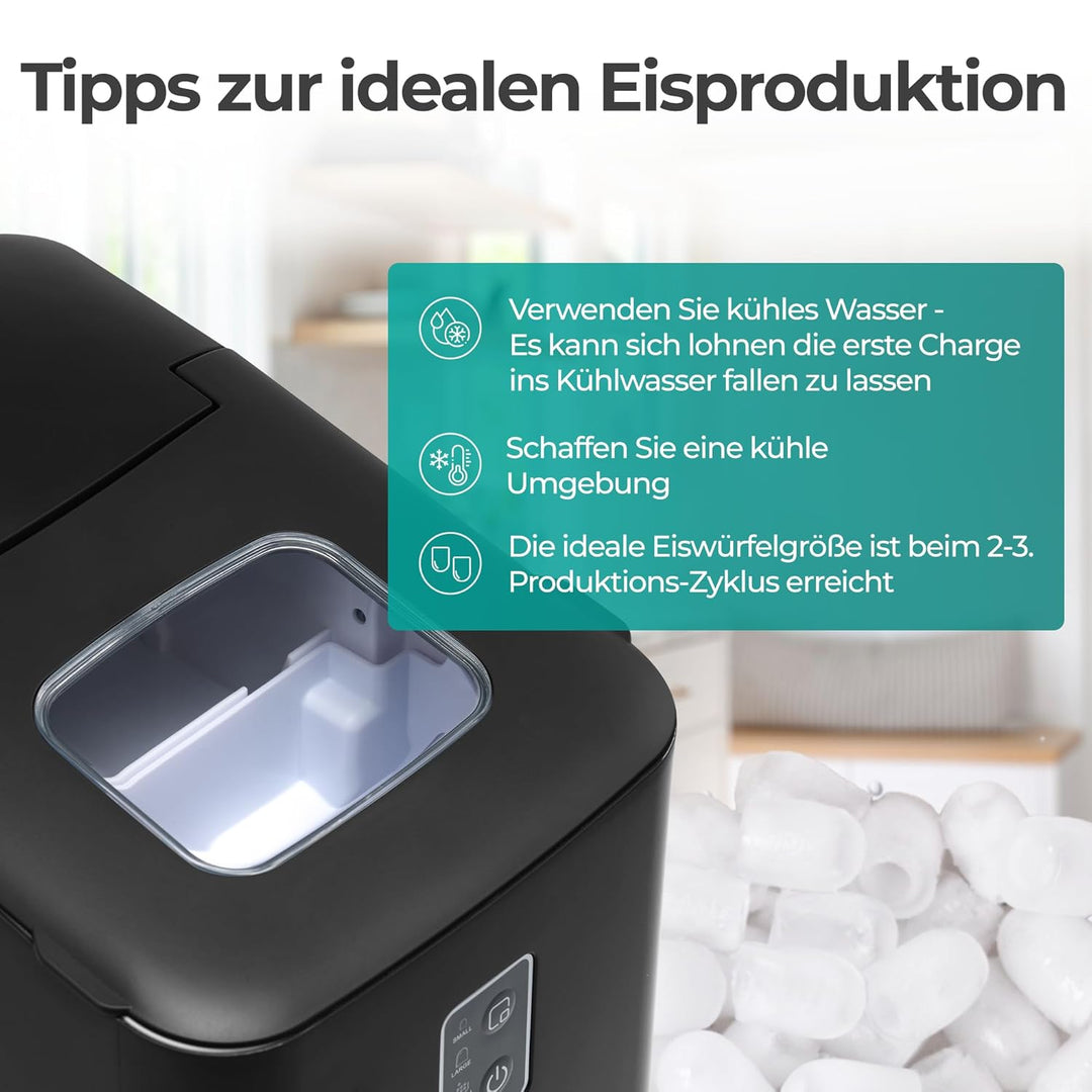 KLAMER Eiswürfelmaschine klein (2025), 8 Eiswürfel in 8 Minuten, 11 kg Eiswürfel pro Tag, 2 Eiswürfe