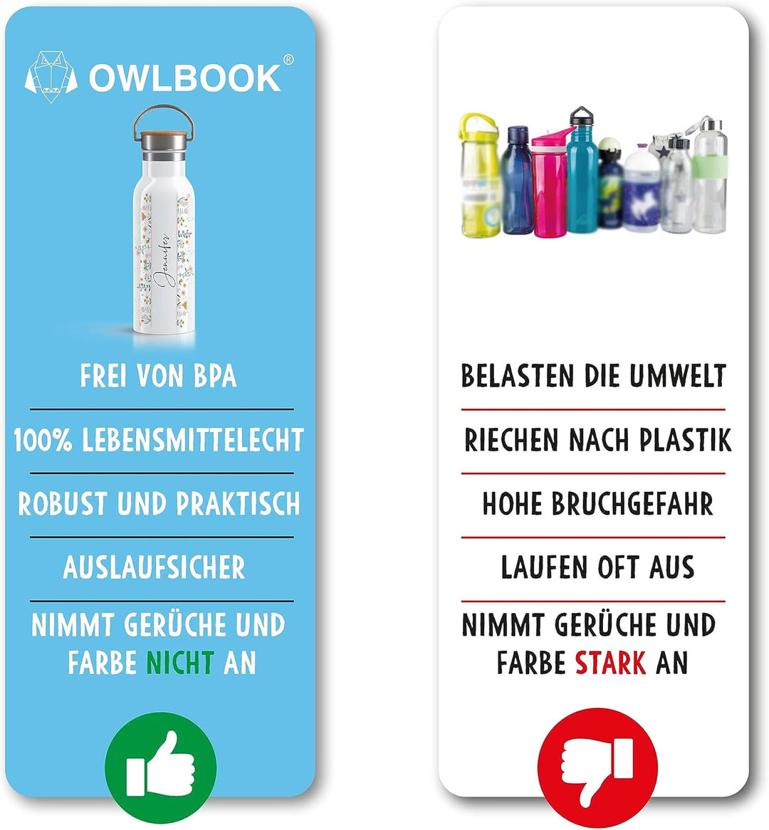 OWLBOOK Blumen Elegante Schrift Trinkflasche personalisiert Erwachsene Frauen Edelstahl 600ml - Ther