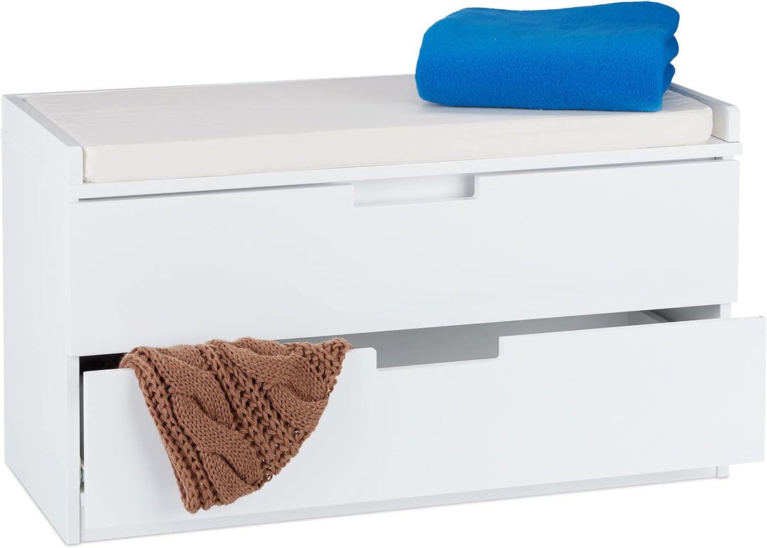 Relaxdays Sitzkommode, Garderobenbank mit 2 Schubladen, Landhausstil, Auflage zum Sitzen, HBT: 45 x