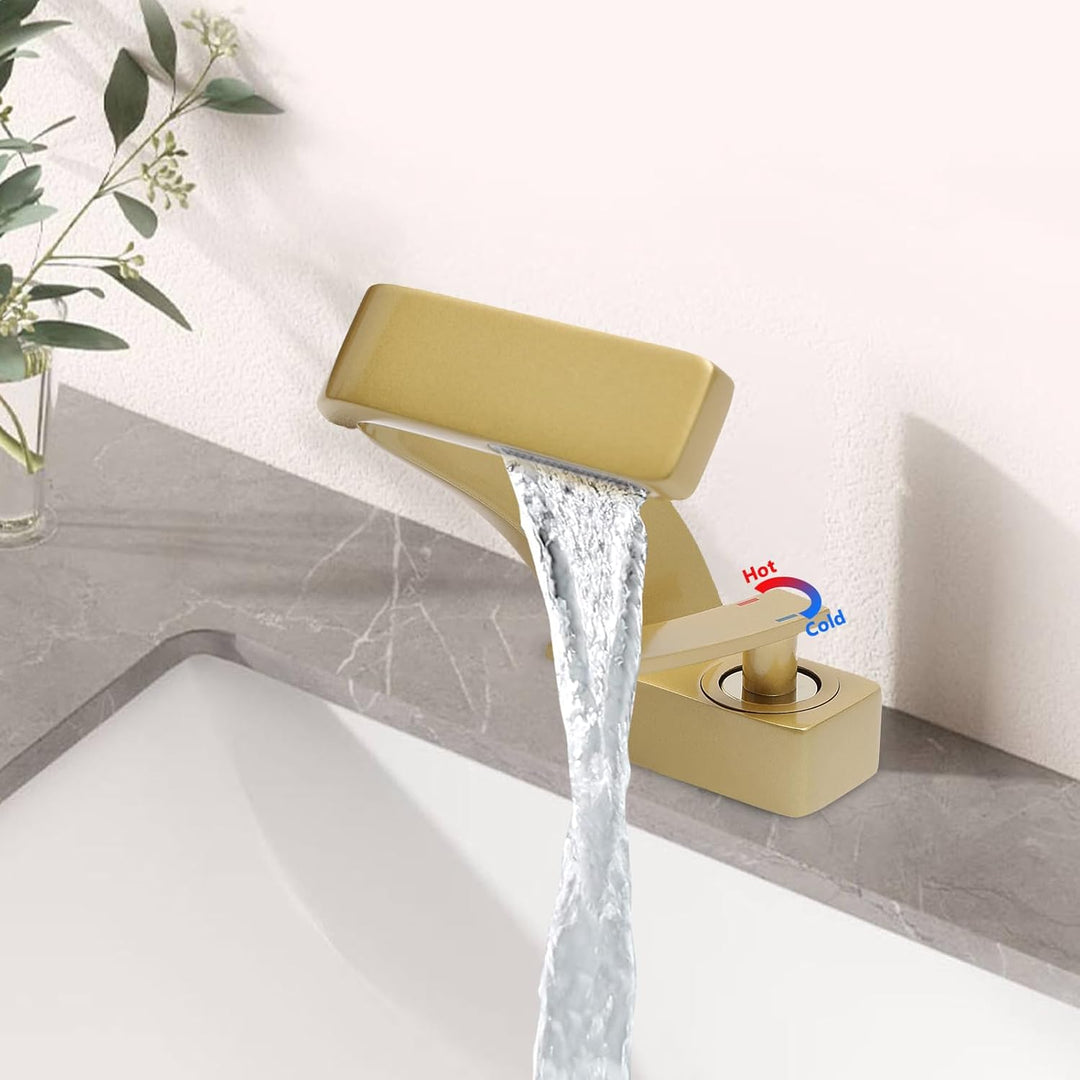 SABUIDDS Waschtischarmatur Einhandmischer Gold, Wasserfall Bad Armatur, Wasserhahn Bad aus Kupfer, M
