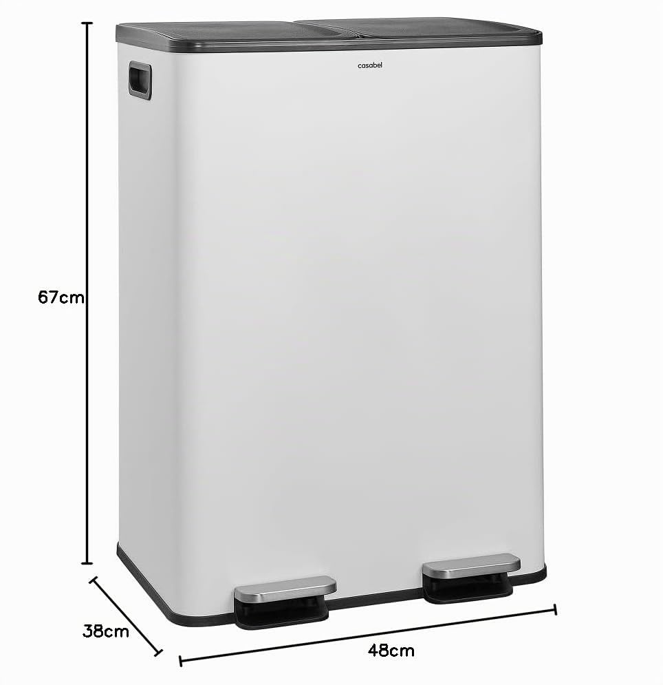 CASABEL Recycling-Mülleimer 60L - 2 x 30 Liter, Doppelfächer 2x30L, weisser Edelstahl, rechteckiger