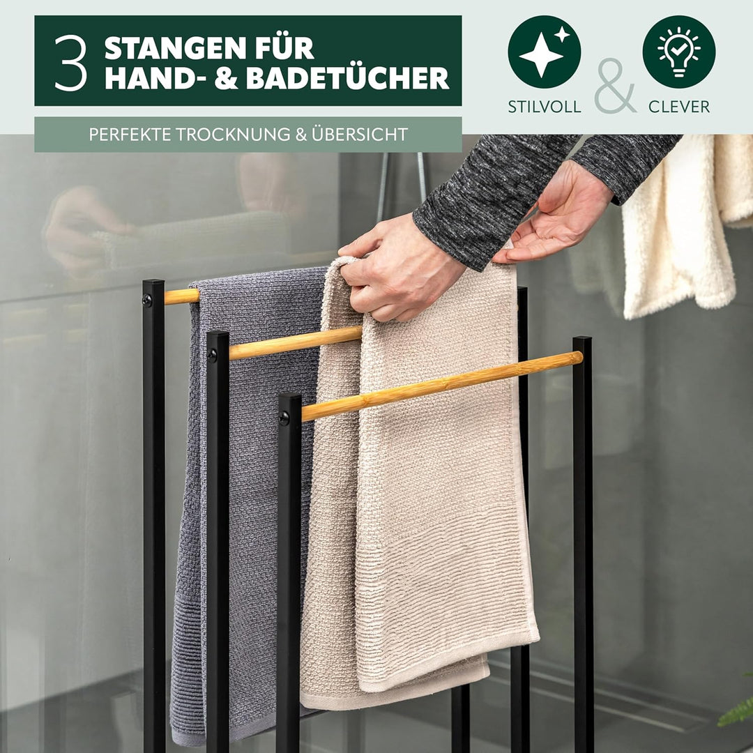 eluno Stand-Handtuchhalter freistehend, 3 Stangen, Handtuchständer, Bambus (schwarz), Schwarz