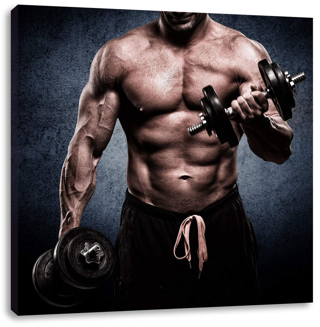Pixxprint Starker Bodybuilder mit Hantel, Format: 70x70 auf Leinwand, 70x70