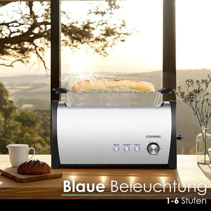 Steinborg Toaster 4 Scheiben mit Brötchenaufsatz XXL Langschlitztoaster Edelstahl Blaue LED Beleucht