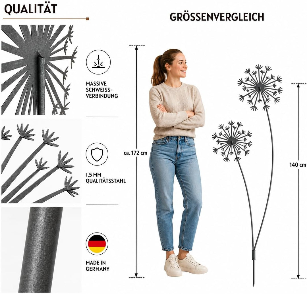 Terma Metall Pusteblume grau XXL 140 cm Höhe Pusteblume Gartenstecker, Gartenfigur gross, Metallfigu