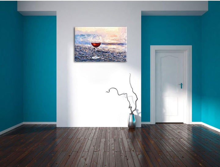Pixxprint Weinglas am Strand / 100x70cm Leinwandbild bespannt auf Holzrahmen/Wandbild Kunstdruck Dek