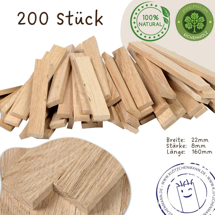 EICHE Bastelklötzchen 200 Stück Mit Klebeband 8 x 22 x 160 mm Eichenholz für DIY Projekte und Dekora