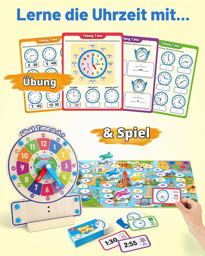 Coogam Wooden Clock Teaching Time Toy, Analog Digital Clock with Fly-Telling Time Board Game, Montes