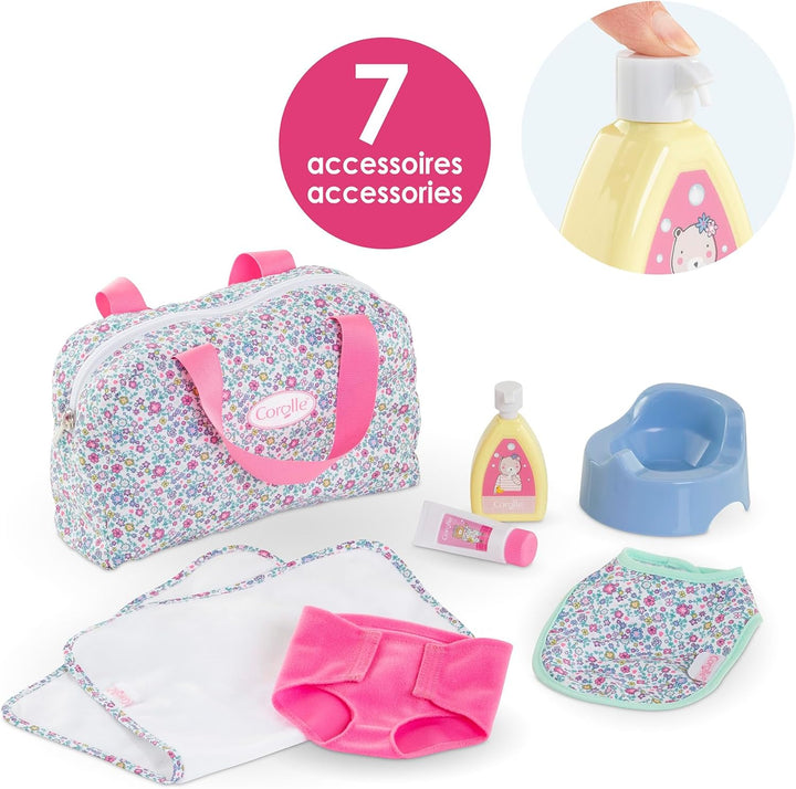 Corolle Mon Grand Poupon Wickeltasche und Zubehör, 7 Teile, Wickeltasche, Unterlage, Windel, Creme,