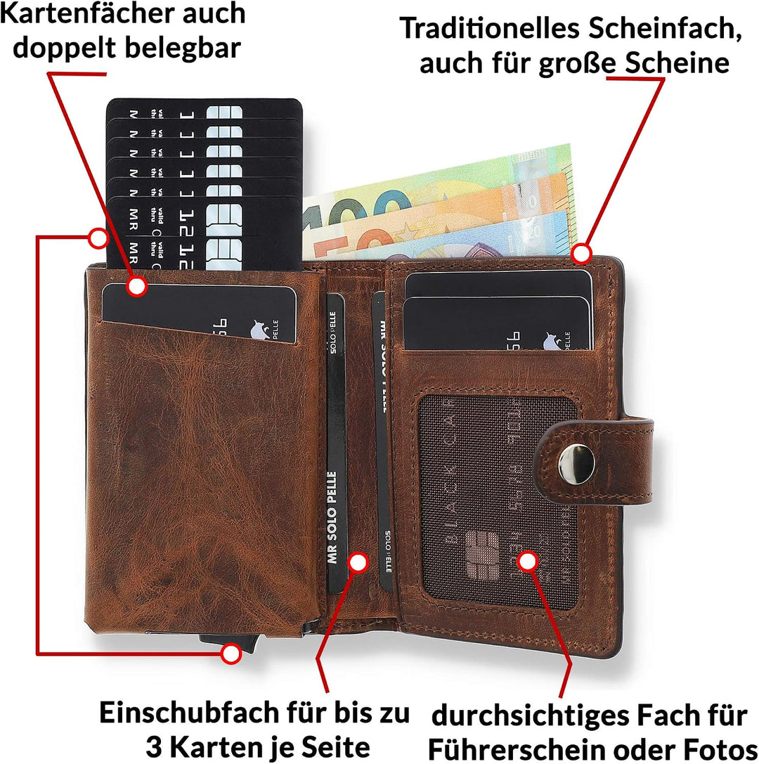 Solo Pelle Leder Geldbörse Q-Wallet mit integriertem Kartenetui für 15 Karten + Geldscheine geeignet