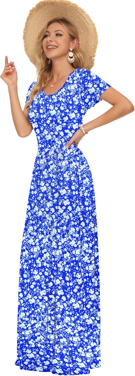 AUSELILY Damen Kurzarm Sommer Casual Long Maxi Kleider mit Taschen Blau-weisses Blümchenmuster XS, B