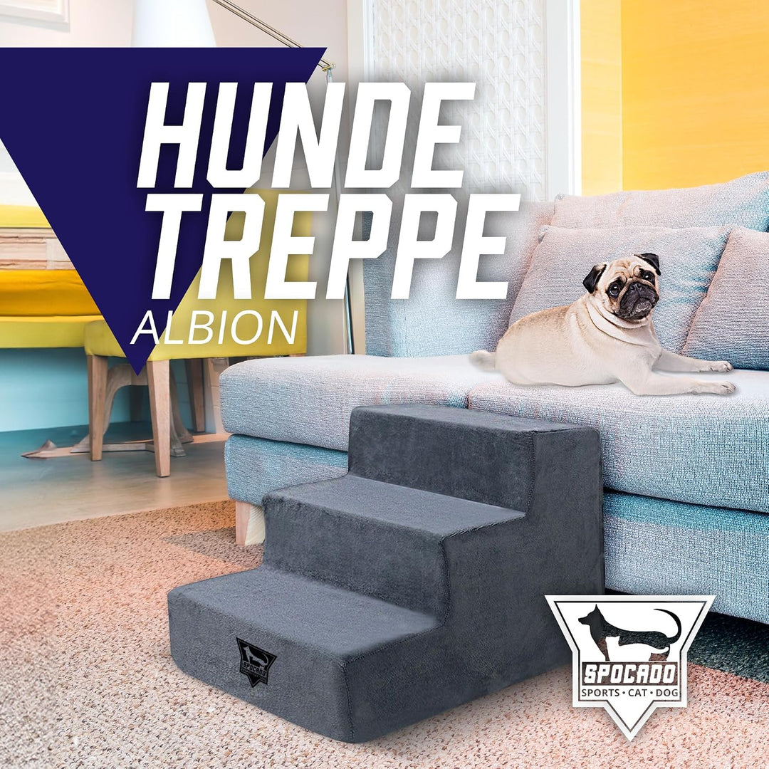 Albion Haustiertreppe | 3-stufige Hundetreppe mit Plüschbezug | Katzentreppe für Sofa, Bett &amp; Auto |