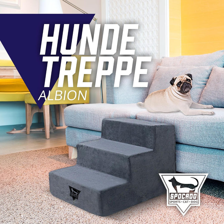Albion Haustiertreppe | 3-stufige Hundetreppe mit Plüschbezug | Katzentreppe für Sofa, Bett &amp; Auto |