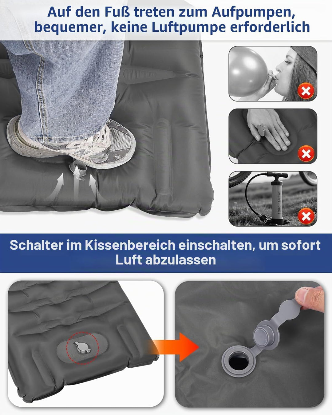 Isomatte Camping,Iuftmatratze Camping,Aufblasbare Schlafunterlage mit Fusspumpe,13CM dick, Spliceabl