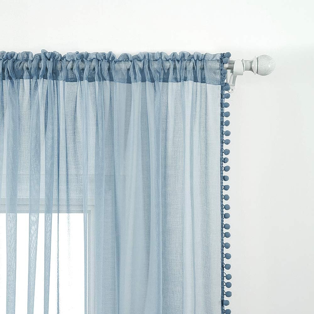 MIULEE Vorhänge mit Pompons-Niedlich Blau Gardinen 2-Set für Kinderzimmer, Transparent Gardinen mit