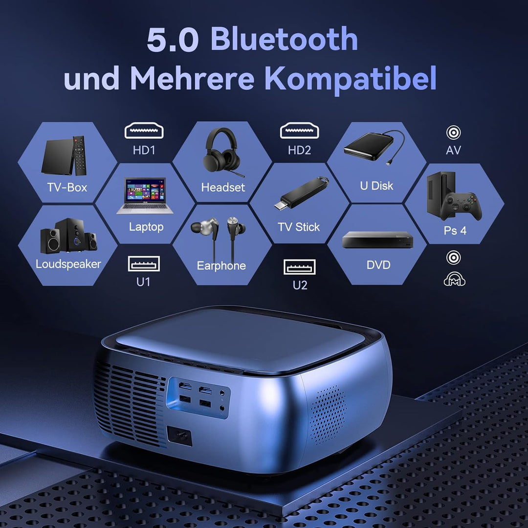 SUREWHEEL K10 Beamer 4K 12000 Lumen Trapezkorrektur Zoom Staubdicht Miracast kein dunkler Bereich Bl