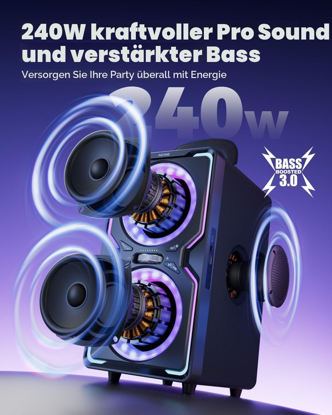 AKONE Party Bluetooth Lautsprecher, 240W Musikbox Bluetooth Gross, Loud Sound Partybox, Natur Super