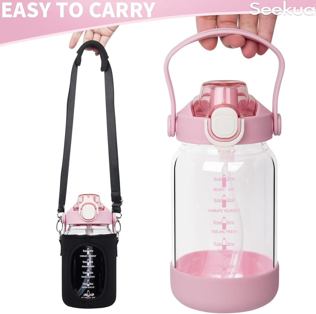 Seekua 1l Trinkflasche Glas Flasche mit Strohhalm & Zeitmarkierung, 1 liter Wasserflasche mit Frücht