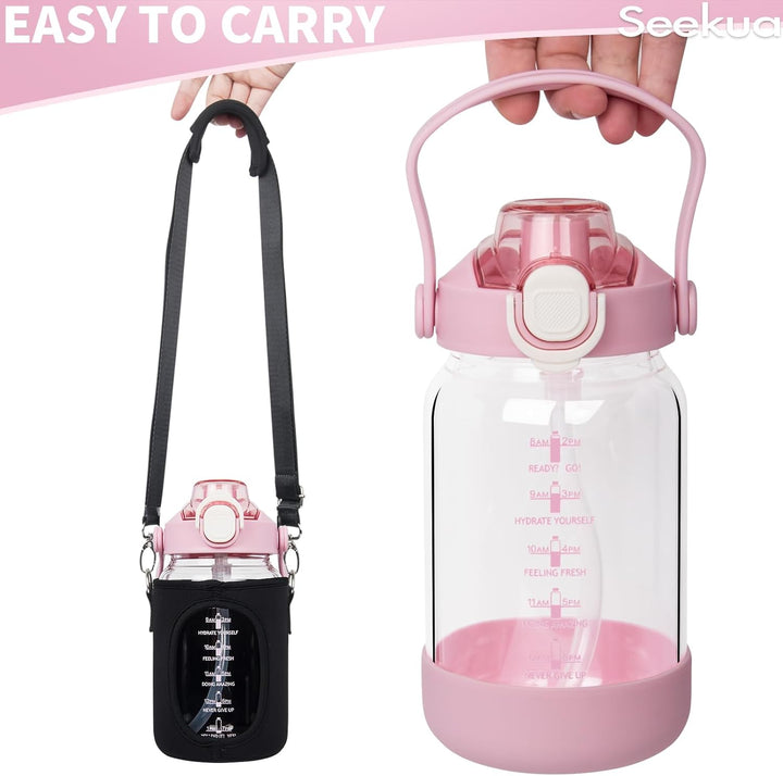 Seekua 1l Trinkflasche Glas Flasche mit Strohhalm & Zeitmarkierung, 1 liter Wasserflasche mit Frücht