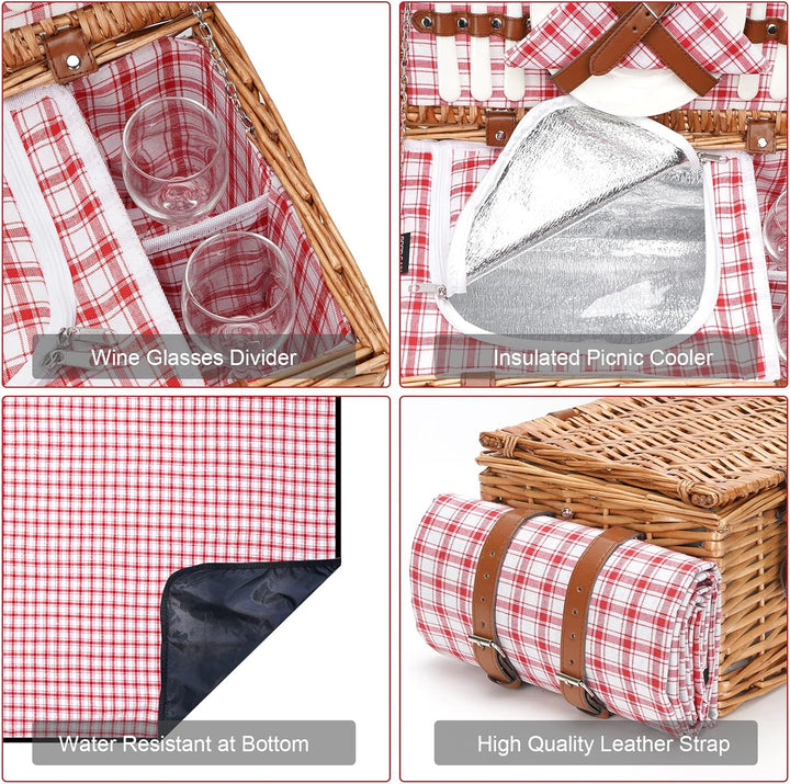 Weiden-Picknickkorb-Set für 2 Personen mit wasserdichter Picknickdecke und grossem isoliertem Kühlfa