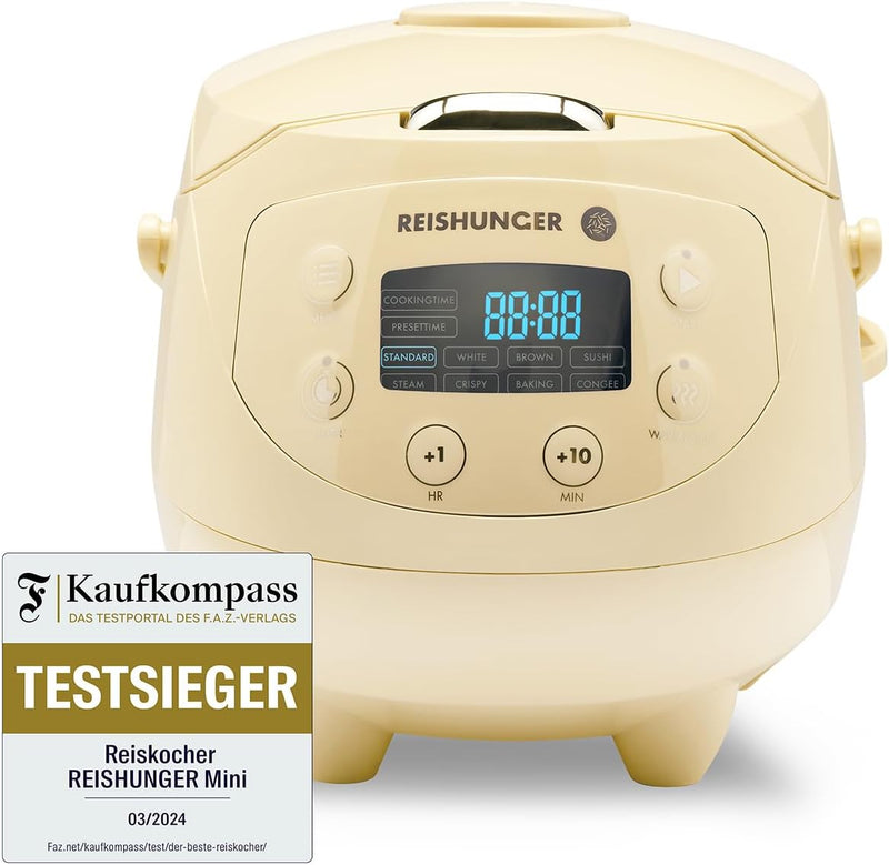 REISHUNGER Digitaler Reiskocher klein, hellgelb | 0,6 L bis 3 Personen | Warmhaltefunktion, Timer &