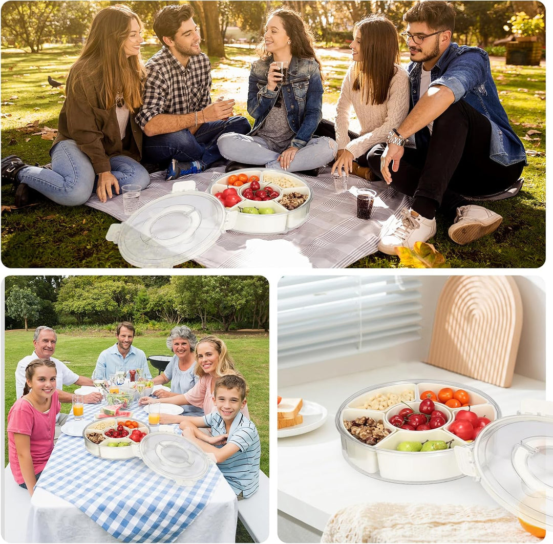Cozary Rundes Snackbox Snackteller 27cm mit 6 Fächern und 360° Drehteller mit Deckel, PET+PP, ideal