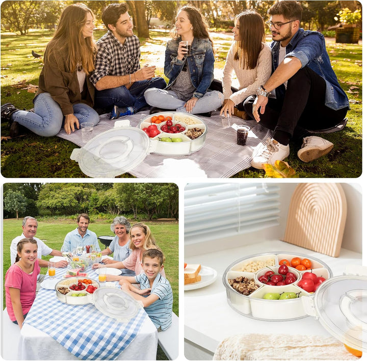 Cozary Rundes Snackbox Snackteller 27cm mit 6 Fächern und 360° Drehteller mit Deckel, PET+PP, ideal