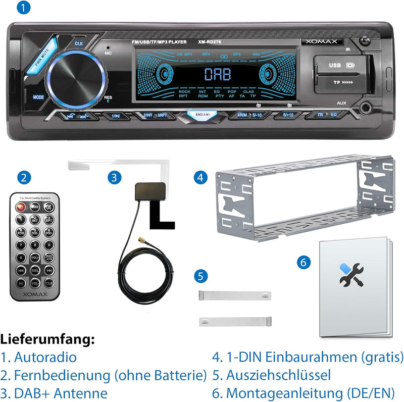 XOMAX XM-RD276 Autoradio mit DAB+ Tuner und Antenne I FM RDS I Bluetooth Freisprecheinrichtung I 2xU