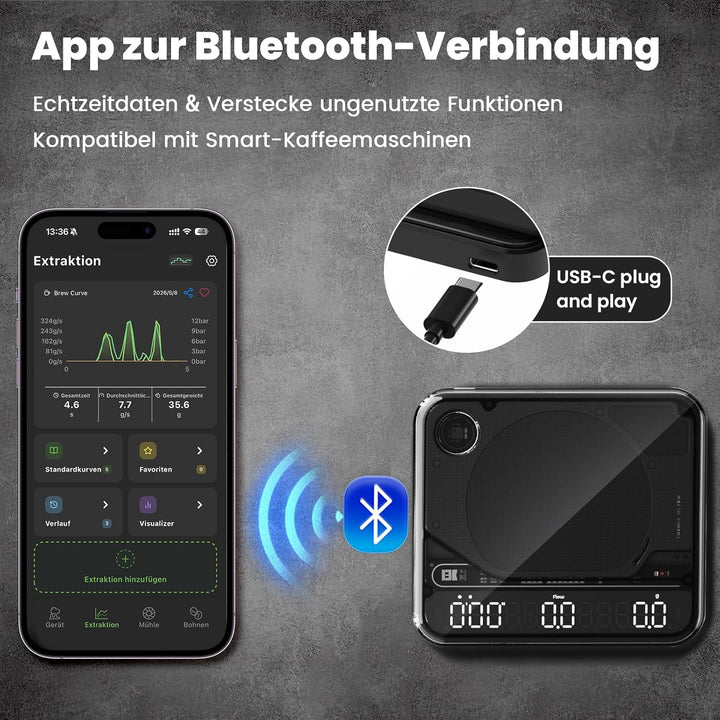 BOOKOO Kaffeewaage mit Timer, 0,1 g hochpräzise Espresso Waage, 2 kg, 4 Modi, Bluetooth-App & Flow R