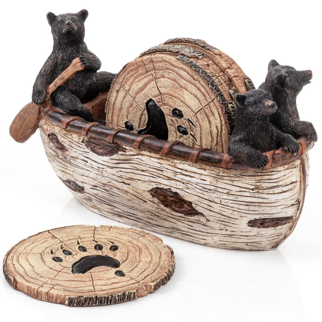 Bear Coasters Set of 6 Rustic Full Size Coasters in Handmade Canoe with Adorable Black Bear Figurine