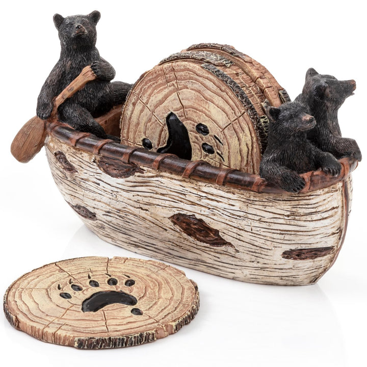 Bear Coasters Set of 6 Rustic Full Size Coasters in Handmade Canoe with Adorable Black Bear Figurine