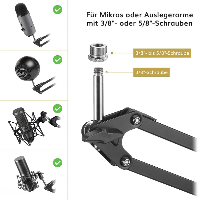 TONOR Mikrofon Ständer, einstellbarer Mikrofonarm mit Popschutz, 3/8" bis 5/8" Adapter, Mikrofonclip