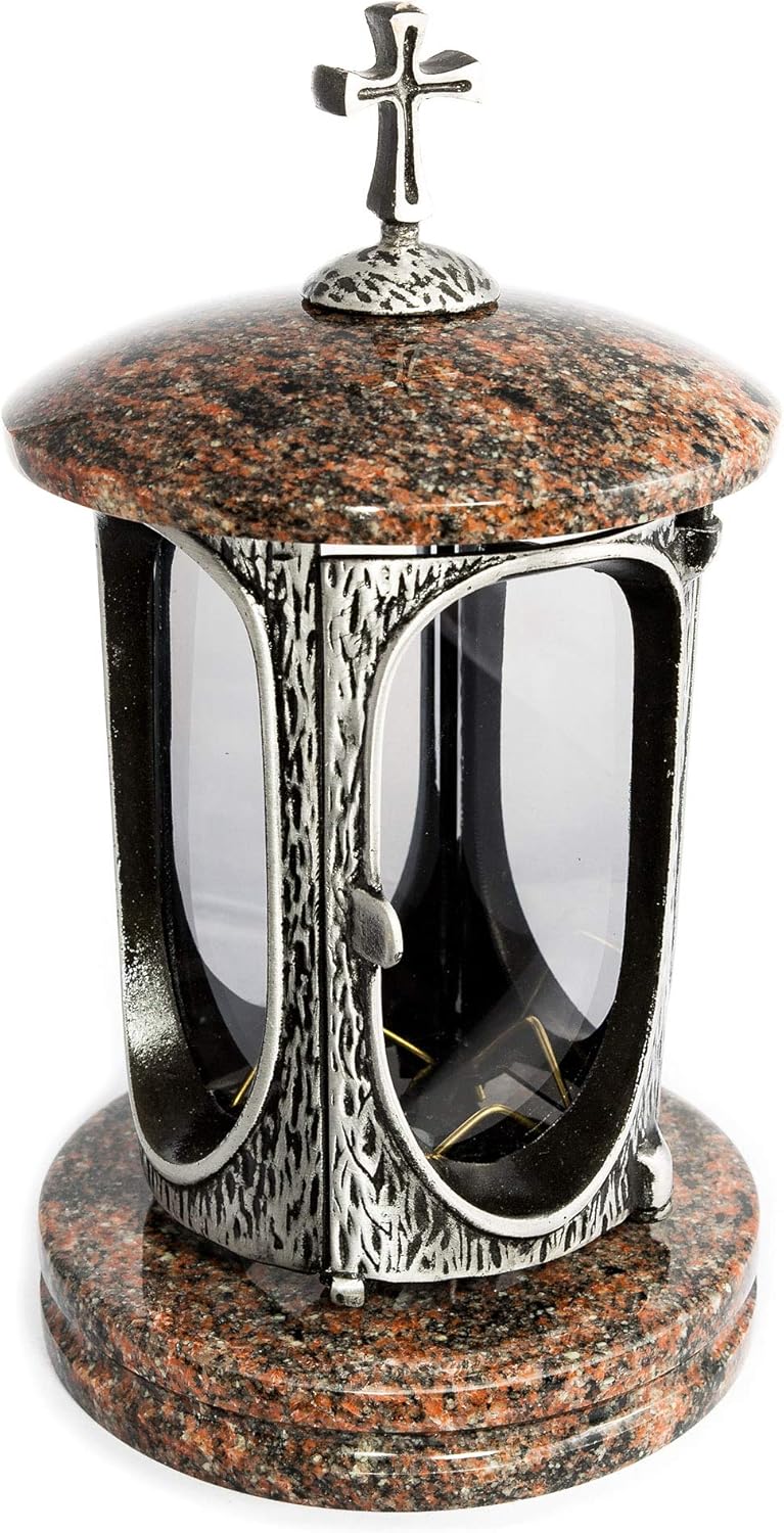 Stilvolle Grablaterne Anthrazit mit Kreuz Granit Aurora India Höhe 27 cm/Ø 15 cm Grableuchte Grablic