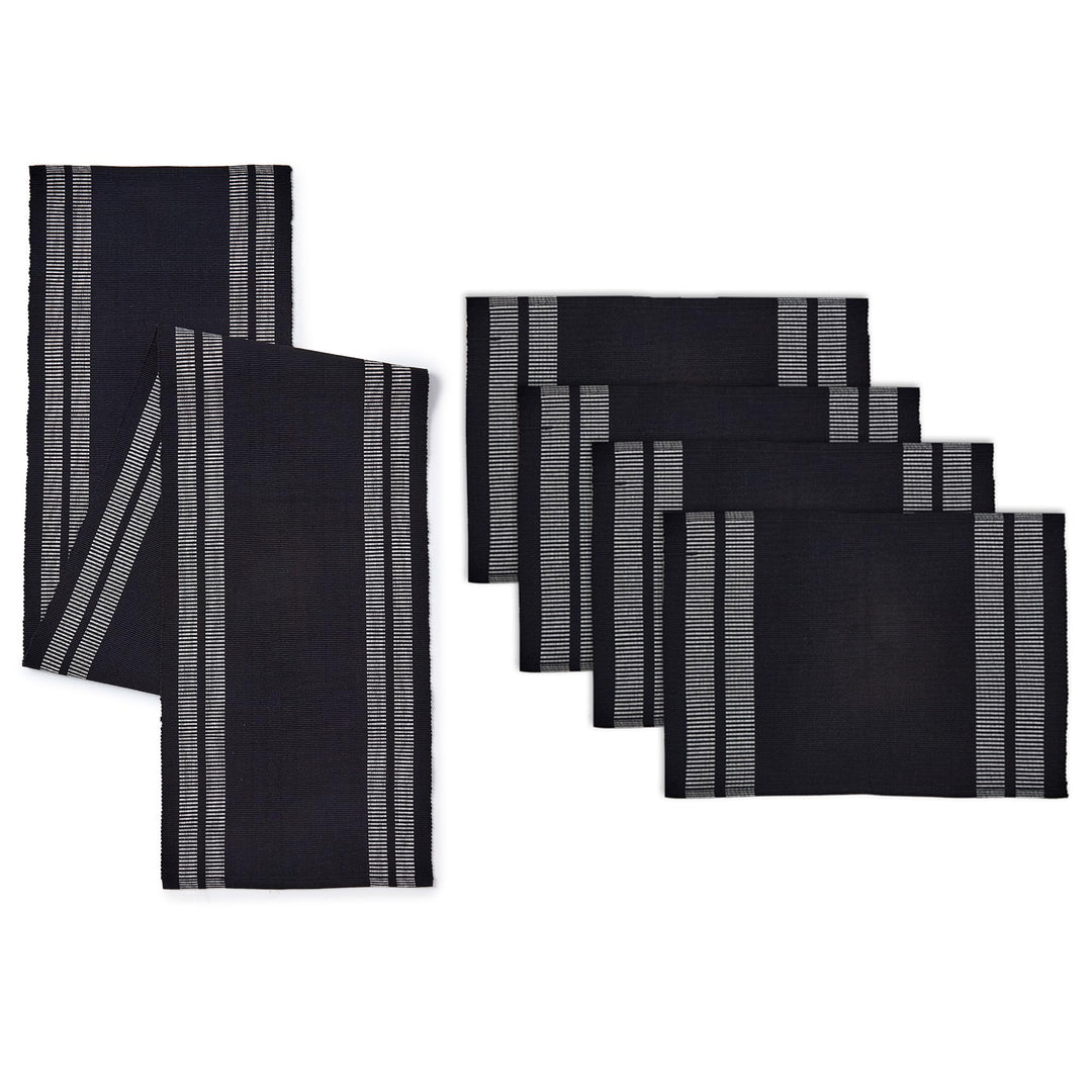 Encasa Homes Esszimmer-Set (4 Tischsets + 1 Tischläufer) | Ladder Black | Fein gerippte Baumwolle |