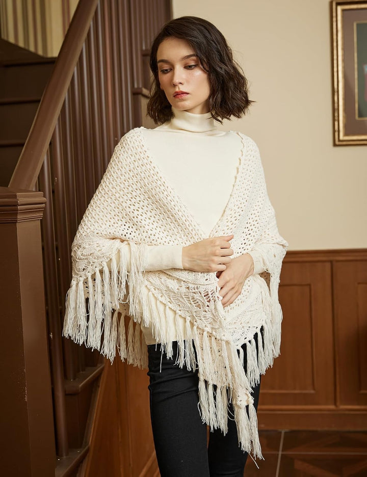 BEAUTELICATE Damen Gestricker Schal Stola Dreiecksschal Warm Hohl Stricken Cape Cardigan Elegantz Dr