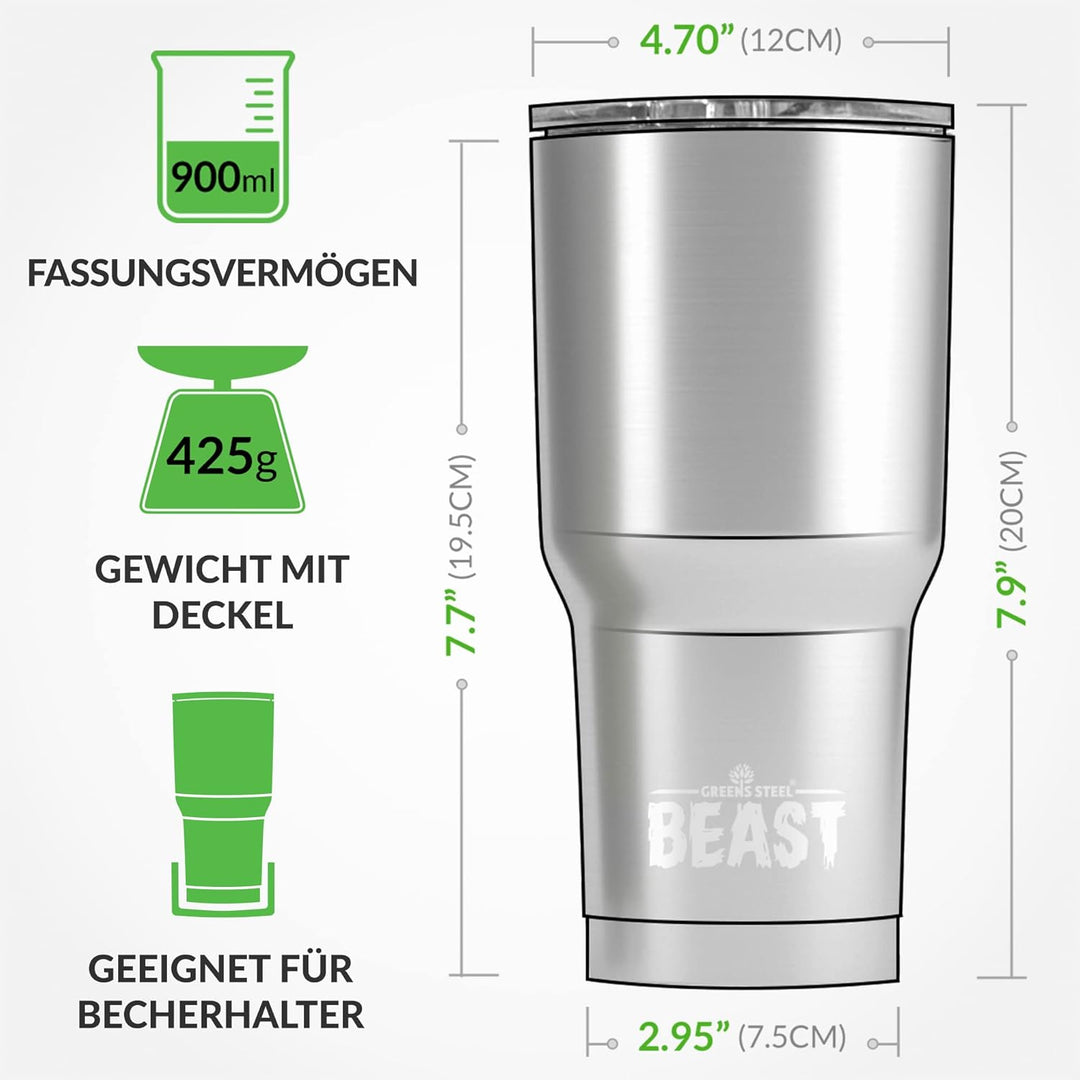 Beast Thermobecher 900 ml - Silber I Mehrweg Thermo Kaffeebecher To Go mit 2 Strohhalmen & Reinigung