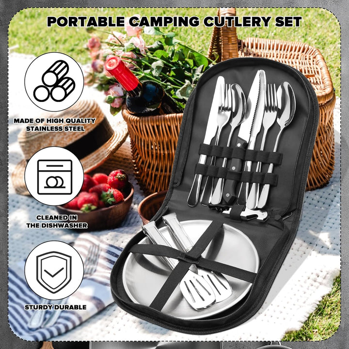 Camping Geschirr Set 4 Personen, 22 Stück Outdoor Geschirr, Besteck Camping mit Löffel, Gabel, Messe
