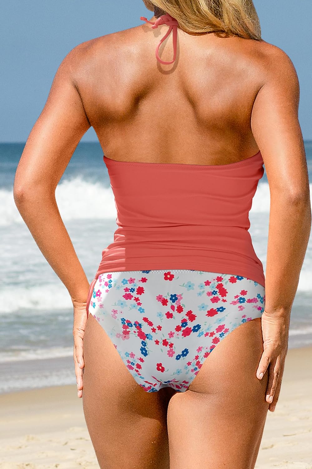 Beachsissi Damen Zweiteiler Badeanzüge Gepolsterter Kordelzug Seitliche Bademode Neckholder Leopard